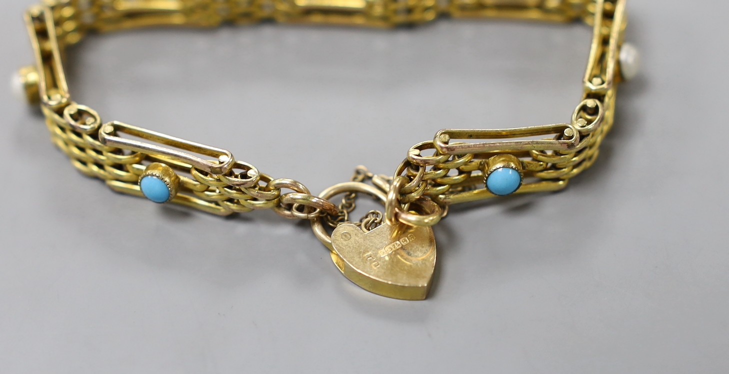 A 9ct gold , split pearl and turquoise set gate link bracelet, 17.5cm, gross weight 17.4 grams.